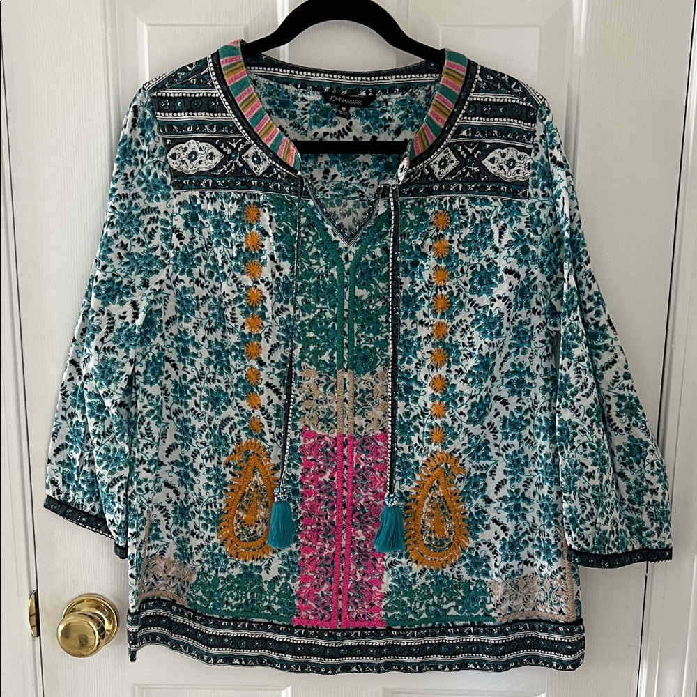 John Mark Teal and Pink Patterned Blouse